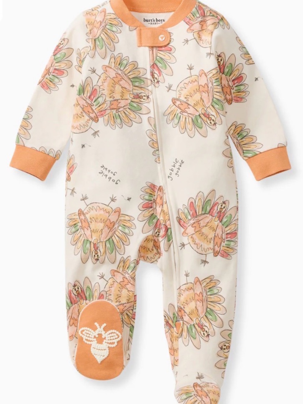 Burt's Bees Baby Cream One-Piece with Peach & Green Turkey Print